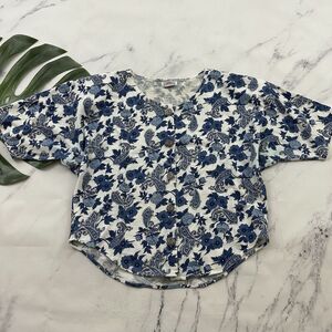 Just Dawn Womens Vintage 90s Crop Top Size M White Blue Paisley Floral Western
